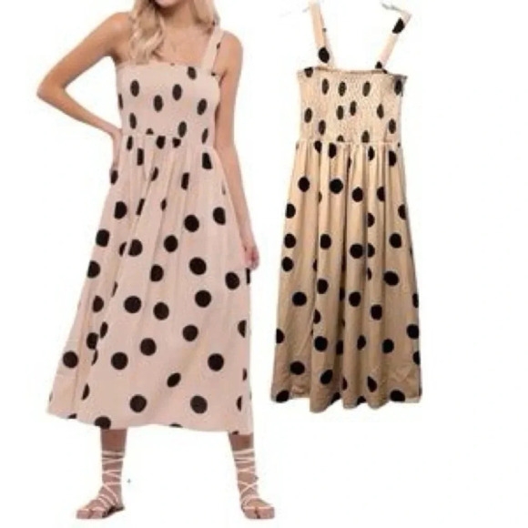 Blu Pepper Tan & Black Polka Dot Midi Dress Linen Blend Nordstroms Size Small S - Picture 6 of 6